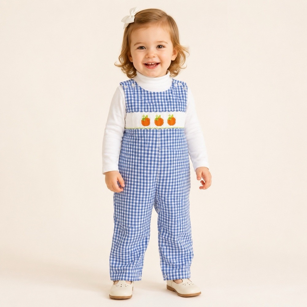 Southern Sunshine Kids 24M Pumpkin Smocked Gingham Longall Romper Fall